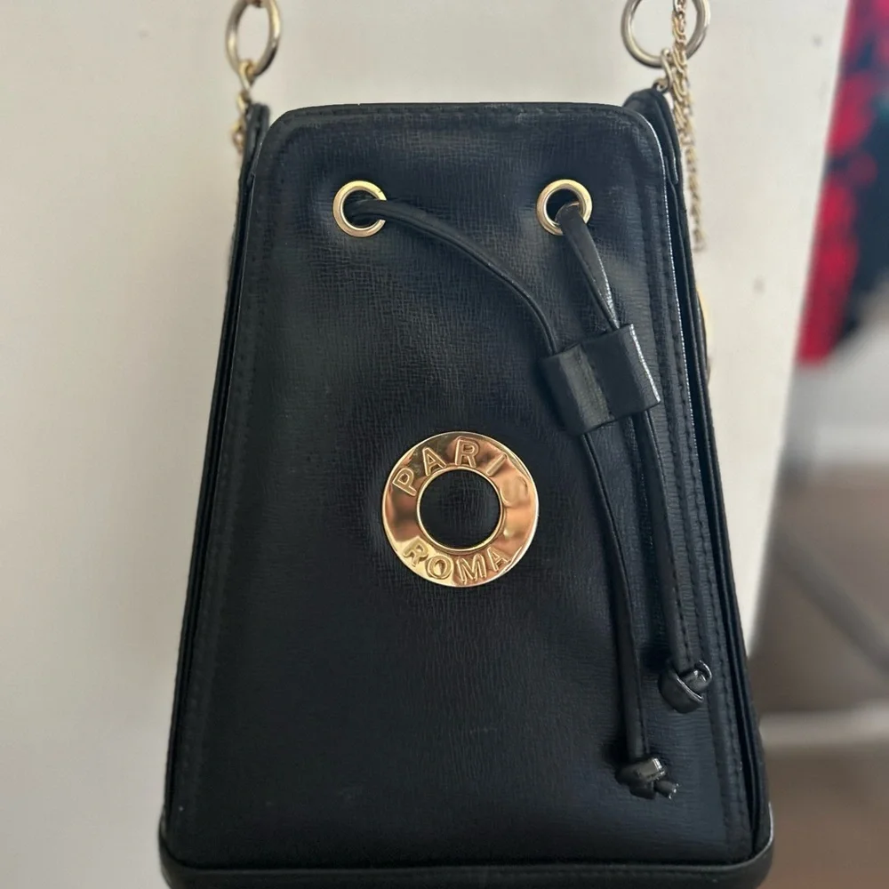 Small Black Crossbody Bag with Gold Accents and Drawstring Closure - Picture 8 of 11